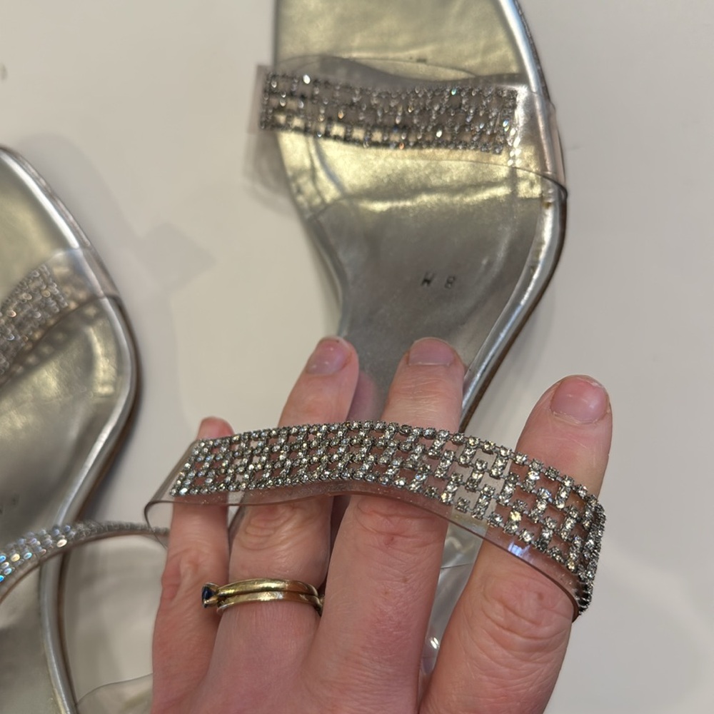 Stuart Weitzman Aleena Crystal Lucite Rhinestone Slide Heels Sandals Size 8 EUC - Picture 11 of 14